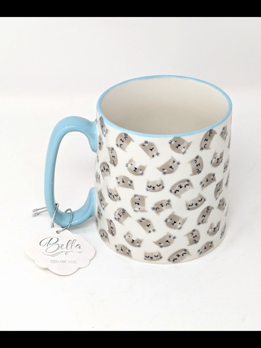 Bella Ceramic Mug with Gray Cat Faces and Blue Trim And Handle